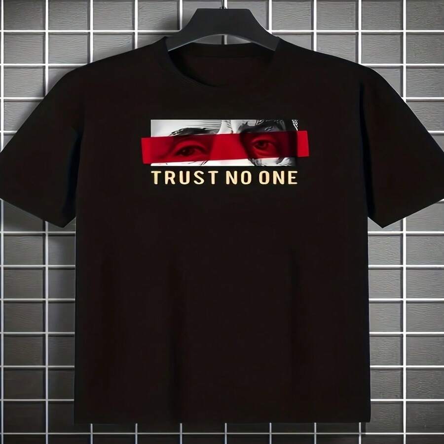 Men's Crew Neck T-Shirt, Solid Color, With Portrait Print And English Pattern, Sizes S-XXXL - 黑色 - 查看 1