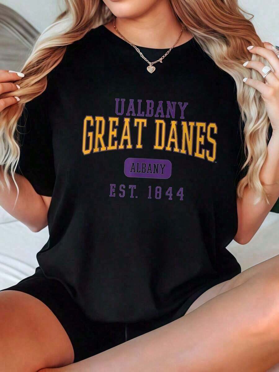 Wo's Heavyweight T-Shirt, Casual Crew Neck, Available In Black And White, UAlbany Great Danes Est. 1844 Print Varsity Style T-Shirts For Everyday Wear, Summer Tops, Graphic Tees, Summer Sets, Crop Tops, Vintage Cotton Clothing, Cute Clothes, Best Seller - 黑色 - 查看 1