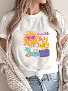 Women's Casual Short Sleeve T-Shirt, NEW And Fashionable - Features A Vacation-Style Print Design With Sun, Palm Trees And Stylish Sunglasses Motifs, Machine Washable, Perfect For Beach Outings And Summer Holidays - Unisex Loose-Fitting Cotton Short Sleeve Crew Neck T-Shirt, Urban Vintage Style. - 白色 - 查看 7