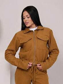 JAQUETA BOMBER TECIDO LÃ BATIDA FECHO ZIPER MODA INVERNO SÃO JOÃO ESCRITORIO NOITE DIA-DIA PREMIUM FASHION - Caramelo - Visão 1