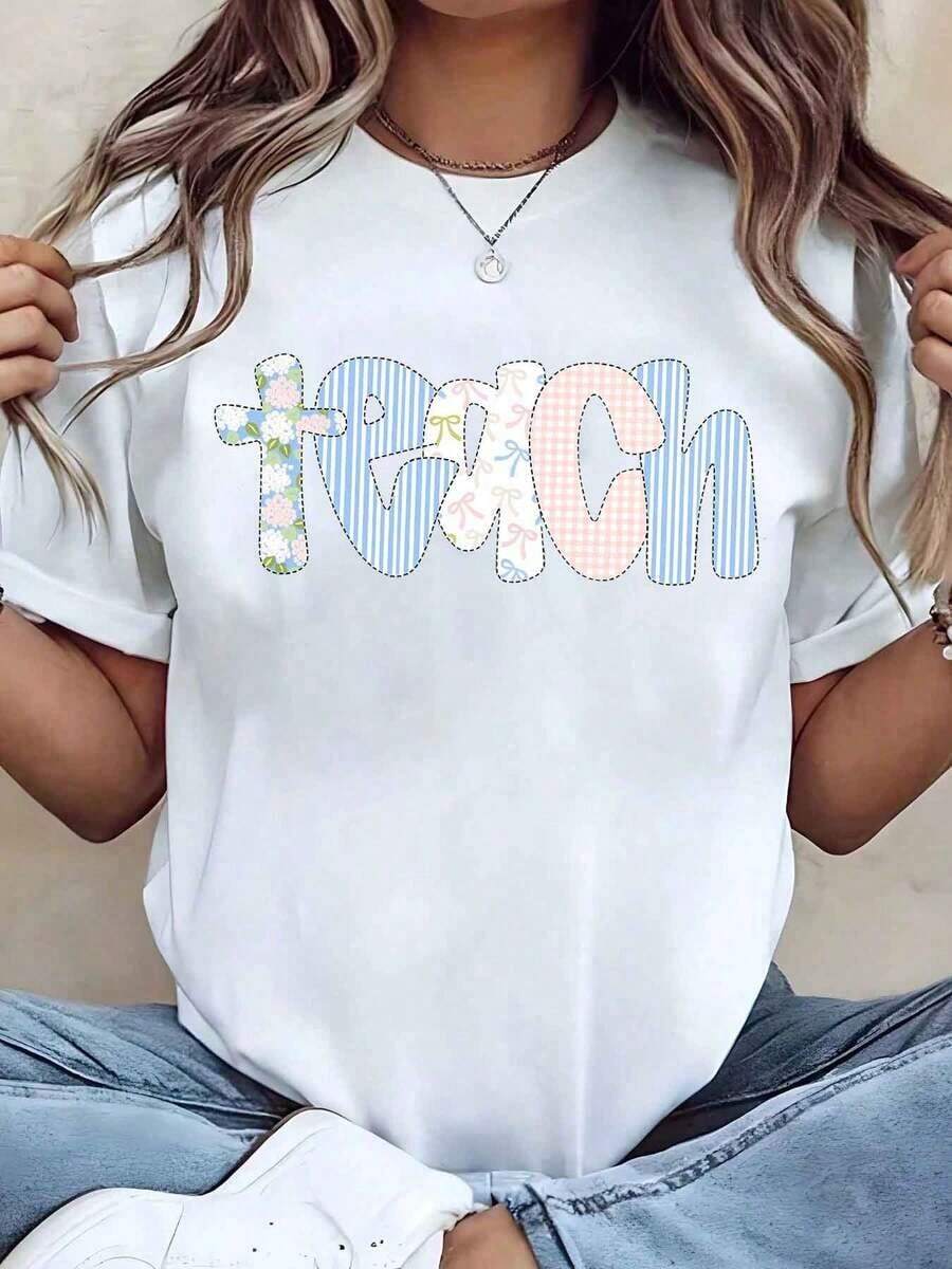 Under The RadarWomen T Shirt Teach Patchwork Print Round Neck Loose Fit Casual Top For Teachers Gift He Is Risen Cotton Blend-Vintage Street Style Unisex Loose Cotton Short Sleeve Crew Neck T-Shirt - 白色 - 查看 1