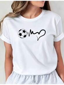 Camiseta Deportiva Casual para Mujer en Blanco con Diseño de Latido de Pelota de Fútbol en Negro - Camiseta Elástica de Cuello Redondo, Lavable aáquina, Ajuste Cómodo y Apta para Todas las Estaciones, para Amantes del Fútbol y. - Blanco - Ver 7