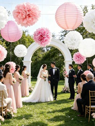 18/4pcs Pink & White Paper Flower Balls Decor, Birthday Party Decorations, Paper Pom Poms, Paper Lanterns, 10" 8" Paper Lanterns & Paper Flower Balls Set, Suitable For Wedding, Bridal Shower, Birthday, Garden Party, Easy To Hang, Theme Party, Celebration, Valentine's Day, Easter, Holiday Event, Indoor/Outdoor, Afternoon Tea Decor