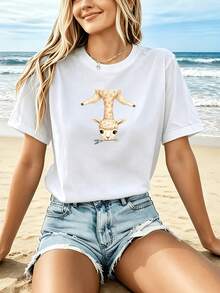 Camiseta Deportiva Casual para Mujer con Gráfico Divertido - Camiseta Elástica de Cuello Redondo, Lavable aáquina, Confortable y Apta para Todas las Estaciones, Perfecta para Llevar con Pantalones Cortos de Mezclilla, para un Look Divertido y Casual. - Blanco - Ver 7