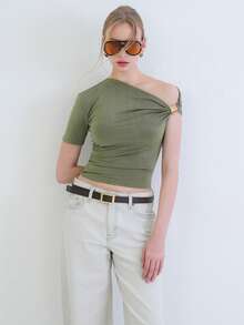 ASİMETRİK YAKA DRAPELİ OMUZ AKSESUARLI SANDY BLUZ - Mint Green - View 7