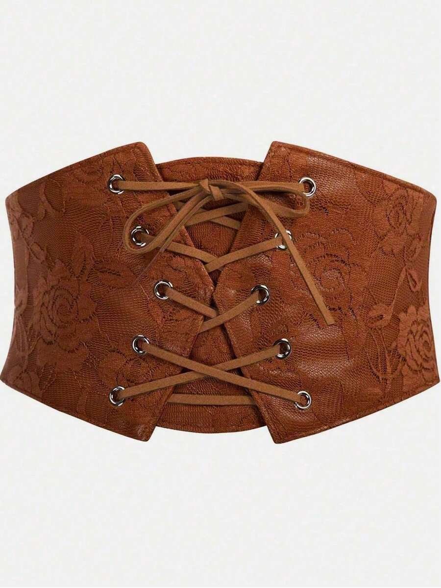 1pc Women's Brown Punk Gothic Retro Vintage Style Lace Rose Pattern Waist Belt, Suitable For Dresses, Sweaters, Shirts, Daily Wear, Stage Performance, Music Festival, Party - Brown - View 1
