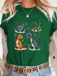 Camiseta de Mujer con Estampado de Dinosaurios de Dibujos Animados - Camiseta casual de manga corta y cuello redondo, con un vibrante diseño de dinosaurios y hojas, elasticidad media, lavable a máquina, ajuste cómodo para todas las estaciones, camiseta gráfica divertida con temática de dinosaurios, blusas para mujer de tela de elasticidad media. - Verde - Ver 7
