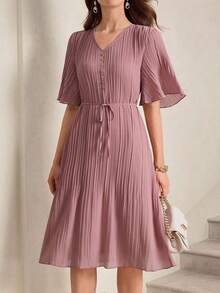 Vestido elegante de manga corta y cuello en V informal, vestido de verano, vestido de longitud hasta la rodilla, vestido del Día de San Valentín, vestido rosa, vestido para salir - Rosa - Ver 7