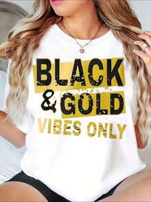 Women's "Black And Gold Vibes Only" Graphic T-Shirt, Casual Urban Style, Fashion T-Shirt, Unisex Top For Everyday Wear - Vintage Urban Style, Loose Fit Unisex Cotton T-Shirt With Short Sleeves And Round Neck, 100% Cotton - 白色 - 查看 7