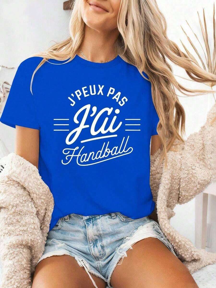 Women's T-Shirt With French Handball Theme Print - Comfortable Cotton T-Shirt With Round Neck, Featuring French Team Motifs And Handball Elements - Casual Wear For Fans, Women's Sportswear, Casual Blouses For Ladies. - 藍色的 - 查看 1