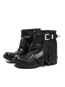 Black Striped Buckle Tassel Rivet Punk European And American New Chunky Heel Square Toe Comfortable Versatile Vacation Street Office Commute Daily Casual Ankle Boots For Women, Suitable For All Seasons - Black - View 6
