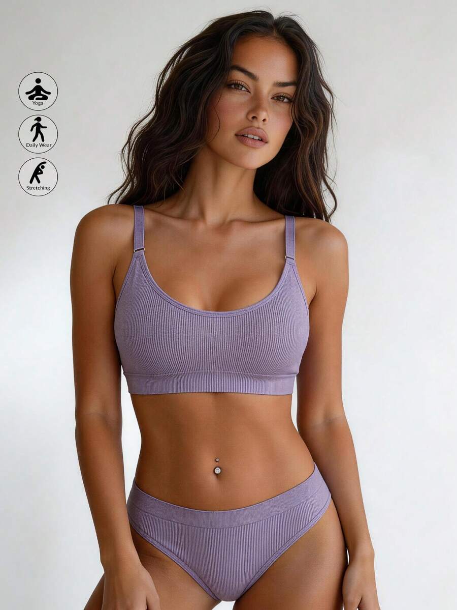 Runway Rest 2pcs Women Purple Stripe Seamless Bra And Panty Set, Adjustable Shoulder Strap Comfortable Stretchy Everyday Lingerie Set - Purple - View 1