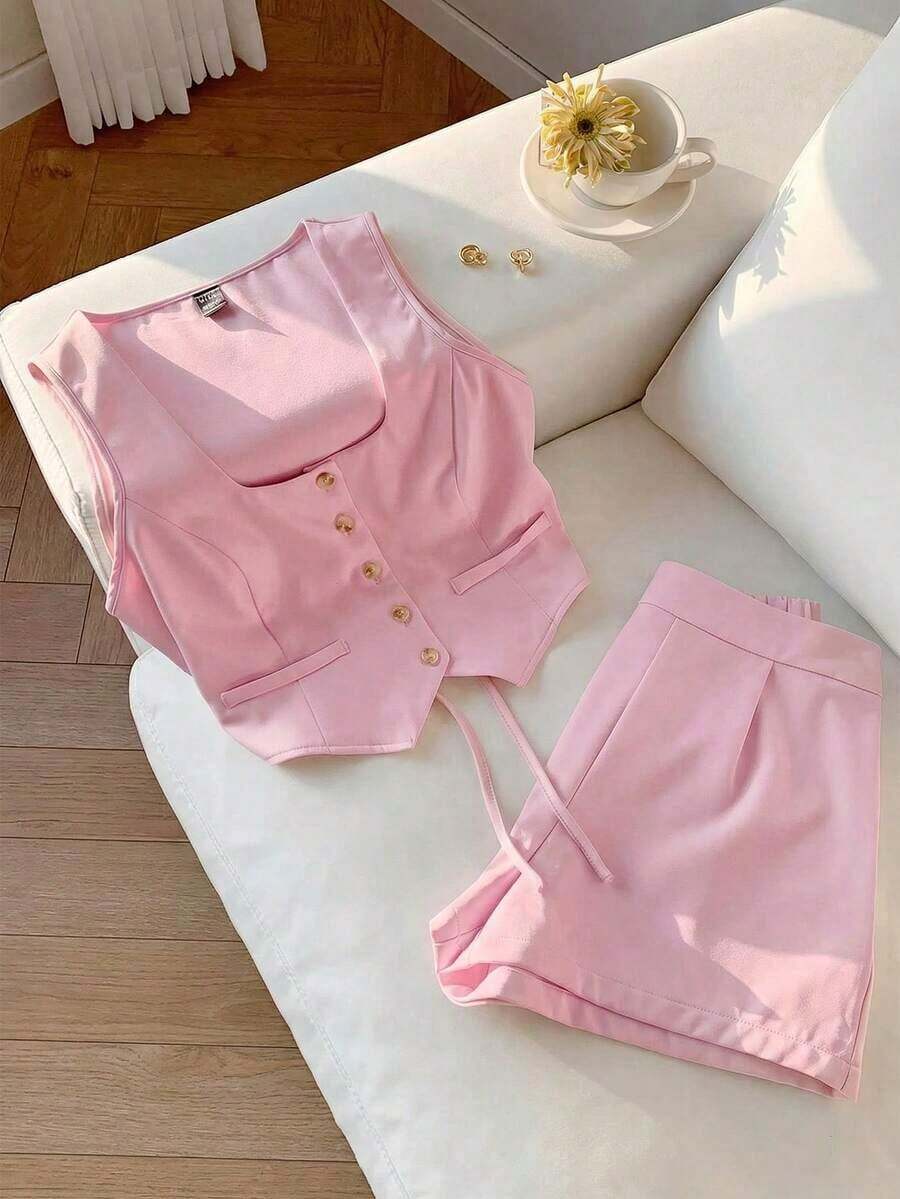 Conjunto informal de dos piezas de tela tejida azul marino con camiseta de tirantes en escote en V y pantalones cortos con bolsillos para mujer, conjunto de pantalones cortos de cintura alta de 2 piezas, conjunto de chaleco sin mangas y pantal - Rosa Pálido - Ver 1