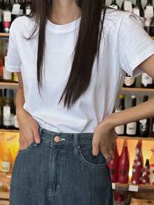 Camiseta básica de mujer de cuello redondo, manga corta y ajustada, color blanco, para primavera/verano - Blanco - Ver 8