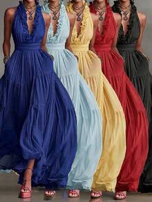 Vestido largo sin mangas con escote en V profundo y volantes, corte en A y bajo acampanado para mujer. - Amarillo - Ver 5