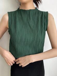 Blusas de tirantes de cuello alto de verano de tela con textura uniforme, casuales pero elegantes - Verde Oscuro - Ver 7