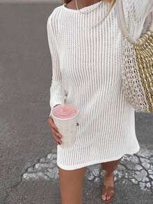 Vestido corto tipo capa de unicolor, informal, fresco, para vacaciones y playa, con adorno de encaje, de manga larga para mujer, para primavera/verano - Blanco - Ver 3
