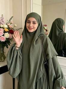 紋理鬆弛款 Khimar Abaya 兩件套，彈性泡泡袖百褶端莊 長洋裝，穆斯林女性休閒伊斯蘭禮拜套裝 - 彩色 - 查看 4