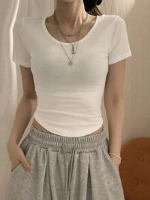 Camiseta de manga corta de mujer de cuello redondo de unicolor básica blanca, para primavera/verano, estilo casual empresarial - Blanco 4 - Ver 6