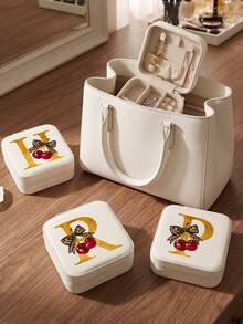 Beige Portable Storage Box - Personalized Letter Gift Box Suitable For Women, Multi-Compartment Jewelry Organizer Suitable For Earrings And Necklaces, Small Zippered Storage Box With Velvet Lining, Travel Storage Box Perfect For Bridesmaid Gifts And Friends - Bow - View 6
