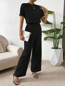 de 2 piezas Mujeres Top corto y pantalón largo de unicolor - Negro - Ver 6