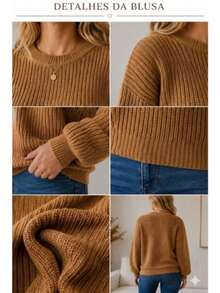 Women's Blouse Puff Sleeve Thick Round Neck Winter Knit - Unta - View 4