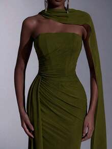 Vestido elegante de tela de gasa sin tirantes con forma de sirena, cintura baja, plisado lateral y drapeado (desmontable, multiusos) adecuado para citas, vacaciones, bodas, compras, uso diario, vestido de dama de honor - Verde militar - Ver 7