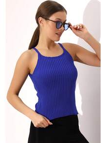 Elegant And Comfy Halter Neck Knit Tank Top Soft Sleeveless Blouse Daily Style - Blue - View 5