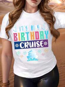 1 Piece Of Plus Size Travel Graphic Print Crew Neck T-Shirt, Birthday Cruise Design With Anchor, Ship And Snowflake, Fun Text For Celebrations, Suitable For Summer And Spring Seasons, Ideal Gift For Friends, Family Or Yourself, Perfect For Holiday Parties, Cruises And Casual Outings, Suitable For Leisure And Sports Scenarios, 180g 100% Cotton. - 白色 - 查看 10