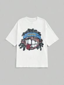 Street Life Camiseta suelta de mujer 100% algodón con estampa de cabeza de dibujo animado divertida, estilo ropa de calle - Blanco - Ver 1