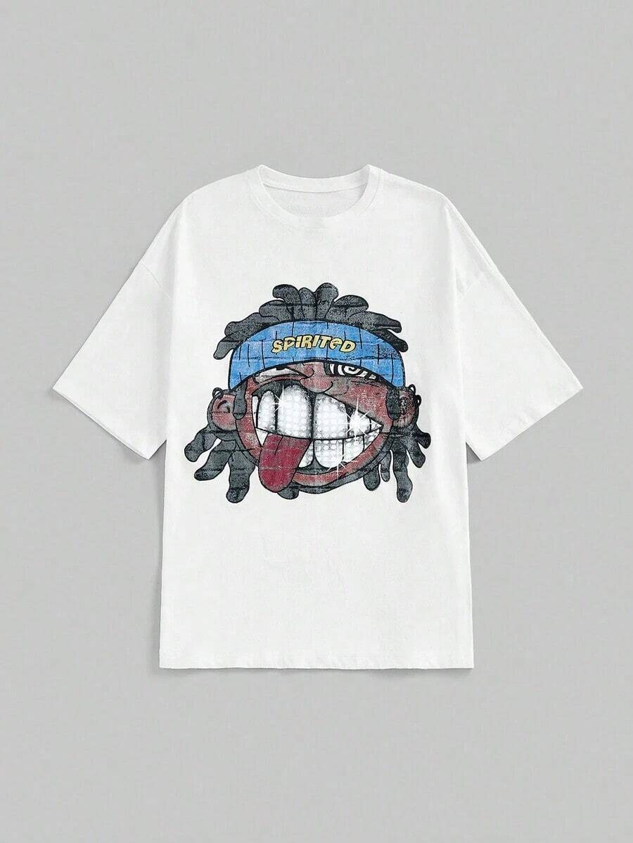 Street Life Women's Loose Fit T-Shirt 100% Cotton With Funny Cartoon Head Print, Streetwear Style - Trắng - Xem 1