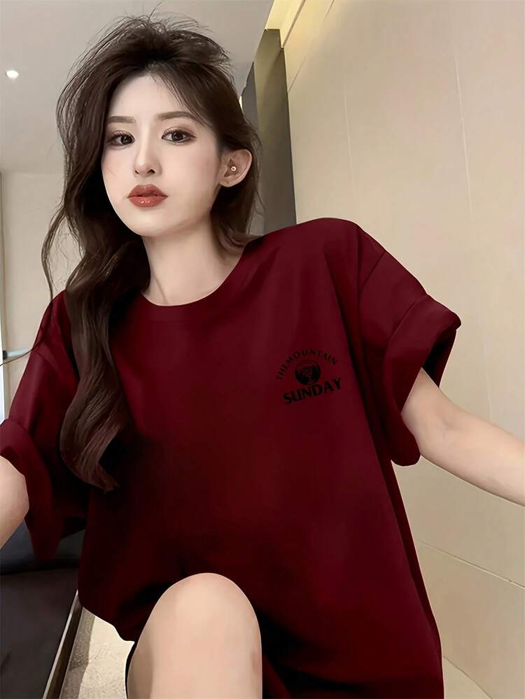 Camiseta de manga corta de moda vintage para mujer, camiseta de manga corta de verano con estampado de dibujos animados, camiseta de manga corta pura, diseño de nicho único, top de ajuste holgado, capa base#3333 - Burdeos - Añade 2