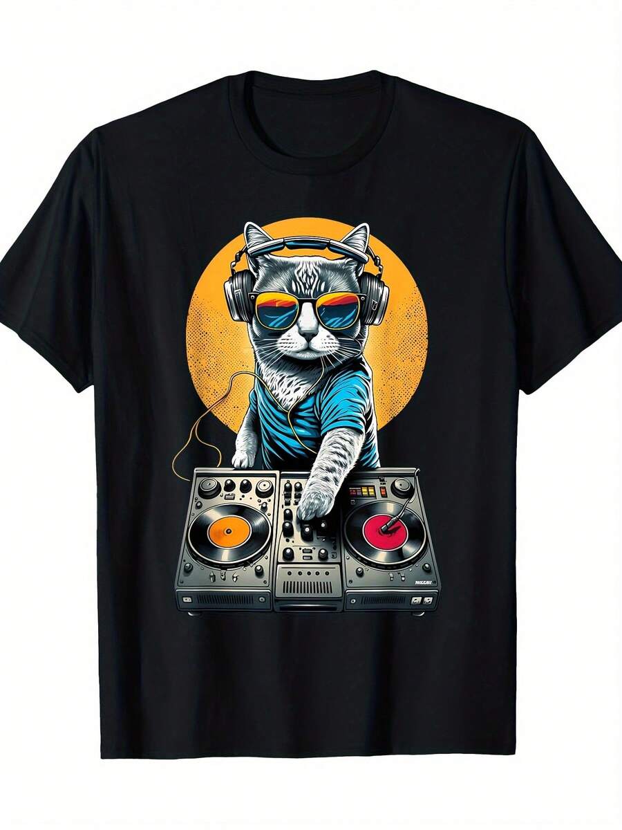 Men's DJ Cat Graphic T-Shirt - Black, 100% Cotton, Short Sleeve, Crew Neck, Casual Fit, Cool Cat Design With Headphones And Fashionable Glasses, Lightweight And Breathable For Casual Wear, Quality Funny Graphic T-Shirt - 黑色 - 查看 1