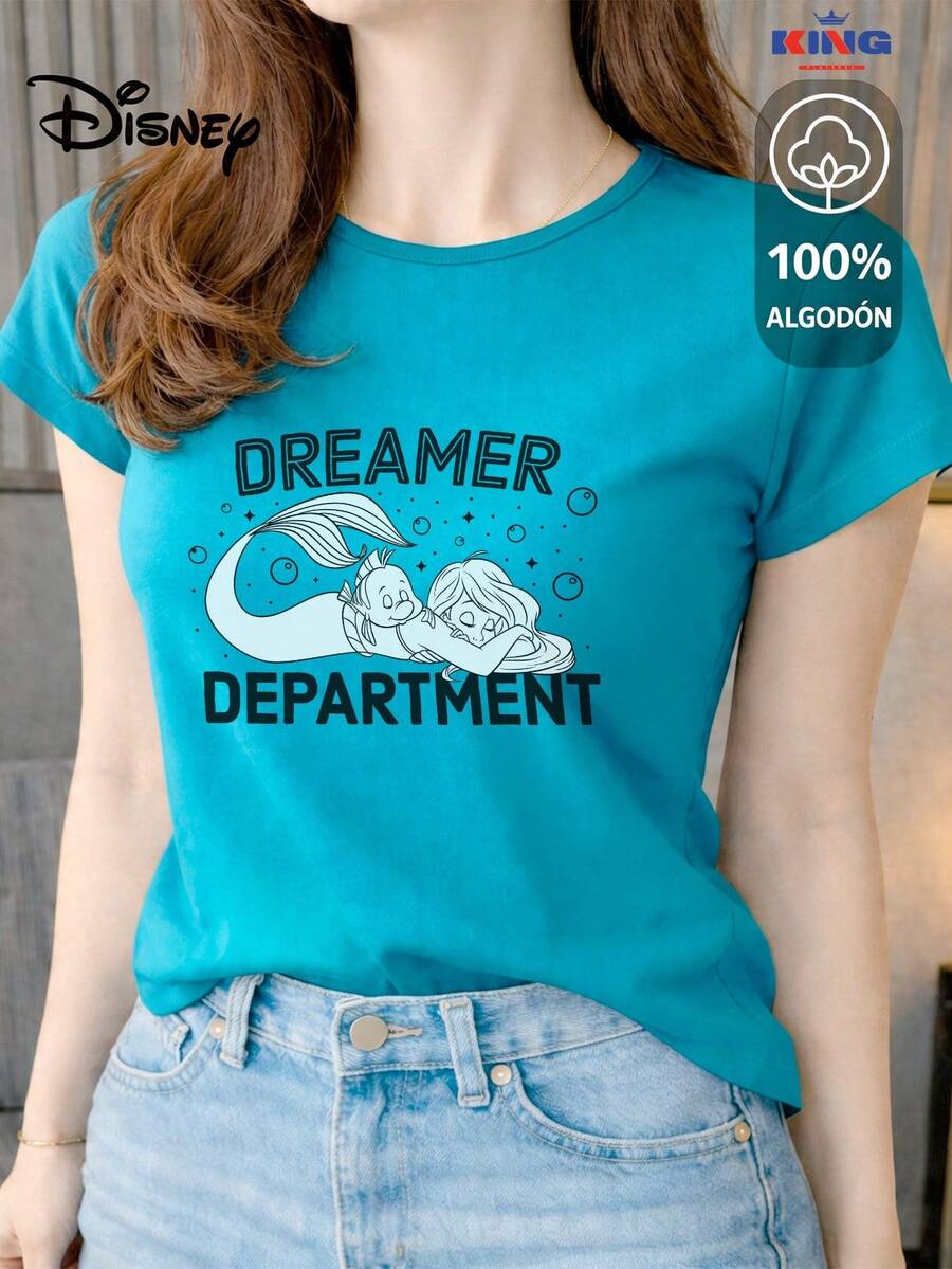 This High-Quality 100% Cotton T-Shirt Guarantees Exceptional Softness To The Touch, A Round Neck With A "Disney Dreamer Department" Print, And Short Sleeves. - 綠松石 - 查看 1