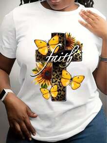 Women's Clothing. Women's T-Shirts With A Cross, Butterfly, And Sunflower Print, 100% Breathable, Featuring A Central Cross Design Adorned With Vibrant Yellow Sunflowers. Women's Shirts - 白色 - 查看 6