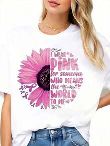 I Wear Pink For Someone Who Means A Lot To Me - Sunflower Design Breast Cancer Awareness T-Shirt - Urban Vintage Style, Unisex, Cotton, Short Sleeve, Crew Neck, 100% Cotton. - 白色 - 查看 3