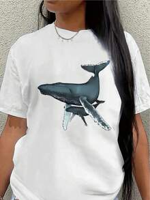 Short-Sleeved Polyester T-Shirt With Whale Print, Casual Wear, Lightweight And Durable Design, Suitable For Outdoor Activities And Everyday Wear, Comfortable For Adults At Home, In Parks Or At The Beach. Women's Blouses > Clothing - 白色 - 查看 7