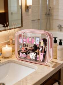 "Skincare Stuff" 字母印花 PVC 拉鍊盥洗包，輕量耐褪色化妝盥洗包（專為女性與女孩設計），TSA 認證便攜式化妝包，易清洗設計；適合作為化妝包/禮品包送給母親、老師、朋友、護士；給女性朋友的貼心禮物；必備旅行收納包、盥洗包，防水收納袋，適用於學校假期、節日及開學季 - 彩色 - 查看 6