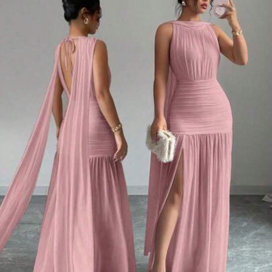 Vestido plisado con abertura y espalda descubierta de unicolor elegante para mujer, de verano - Rosa - Ver 1