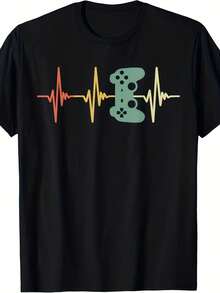 Camiseta retro con temática de videojuegos para hombres y mujeres - Camiseta nostálgica de algodón puro de 220g, con estampado de latidos del corazón y de controlador/joystick - Prenda casual unisex adecuada para todas las estaciones. - Negro - Ver 8