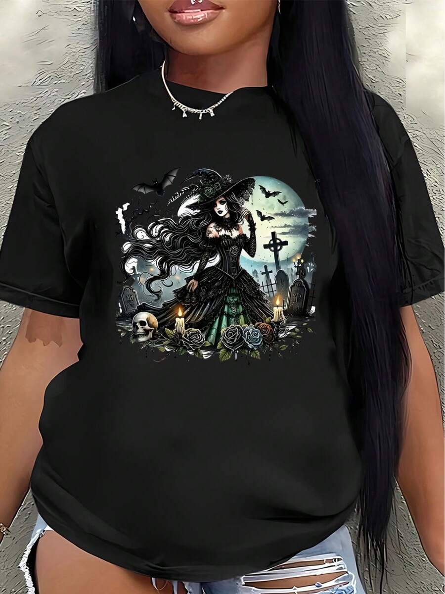 Camiseta ligera y duradera con diseño de bruja de Halloween, perfecta para fiestas, eventos de disfraces y salidas informales. Presenta un diseño de impresión de arte gótico, ofrece un ajuste cómodo y es ideal para el uso diario de las mujeres.blusa casual mujer - Negro - Ver 1