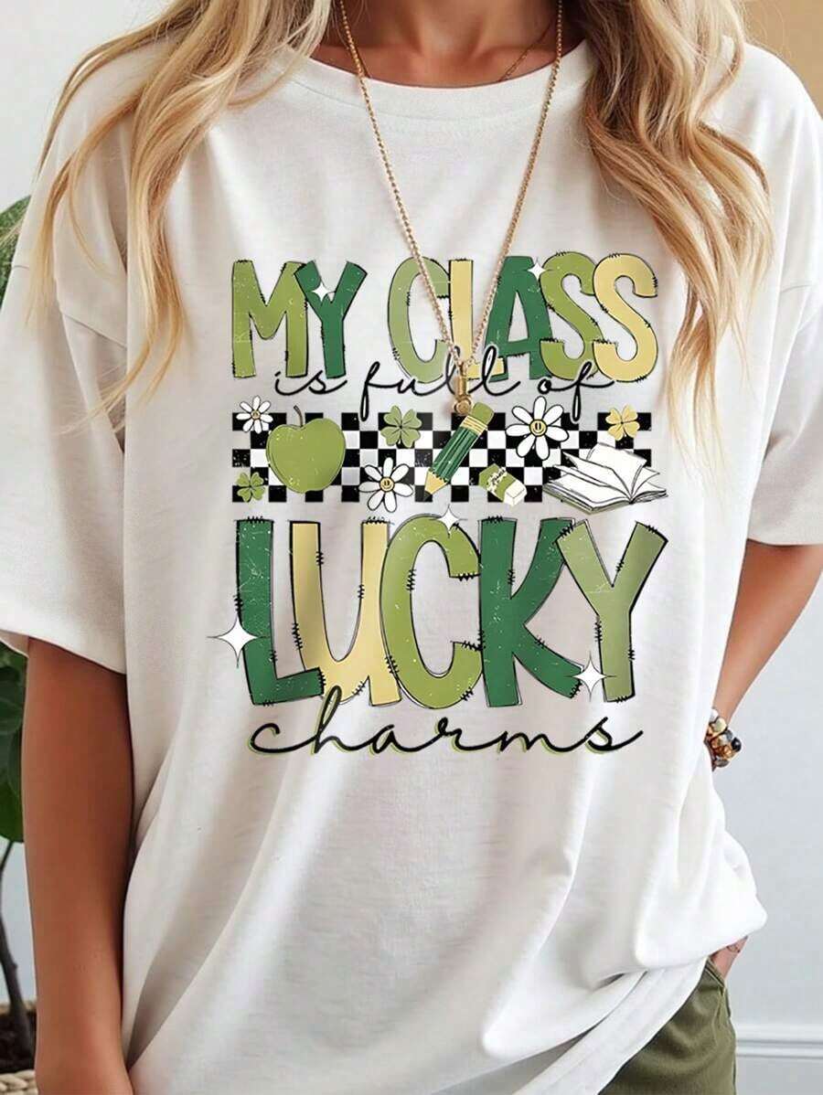 Camiseta de la Suerte con Trébol del Día de San Patricio, Fuente a Cuadros, Adecuada para la Temporada Escolar, Camisetas Gráficas para Mujer, 100% Algodón - Blanco - Ver 1