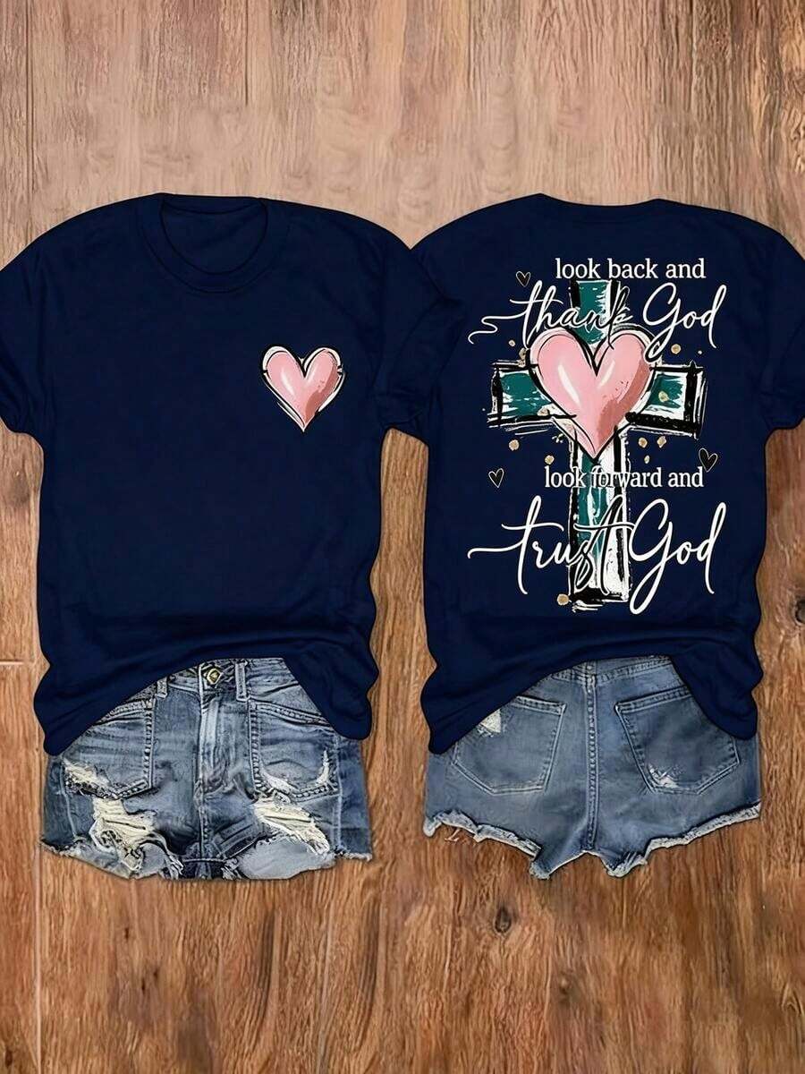 Women's Christian-Inspired Graphic Print T-Shirt - "Looking Back, See How Far You've Come" - Short-Sleeved Crew Neck T-Shirt With Cross And Heart Design, Medium Stretch, Casual For Spring And Summer, Machine Washable, Cute T-Shirt, Sheer Fabric For Everyday Wear. - 藏蓝色 - 查看 1