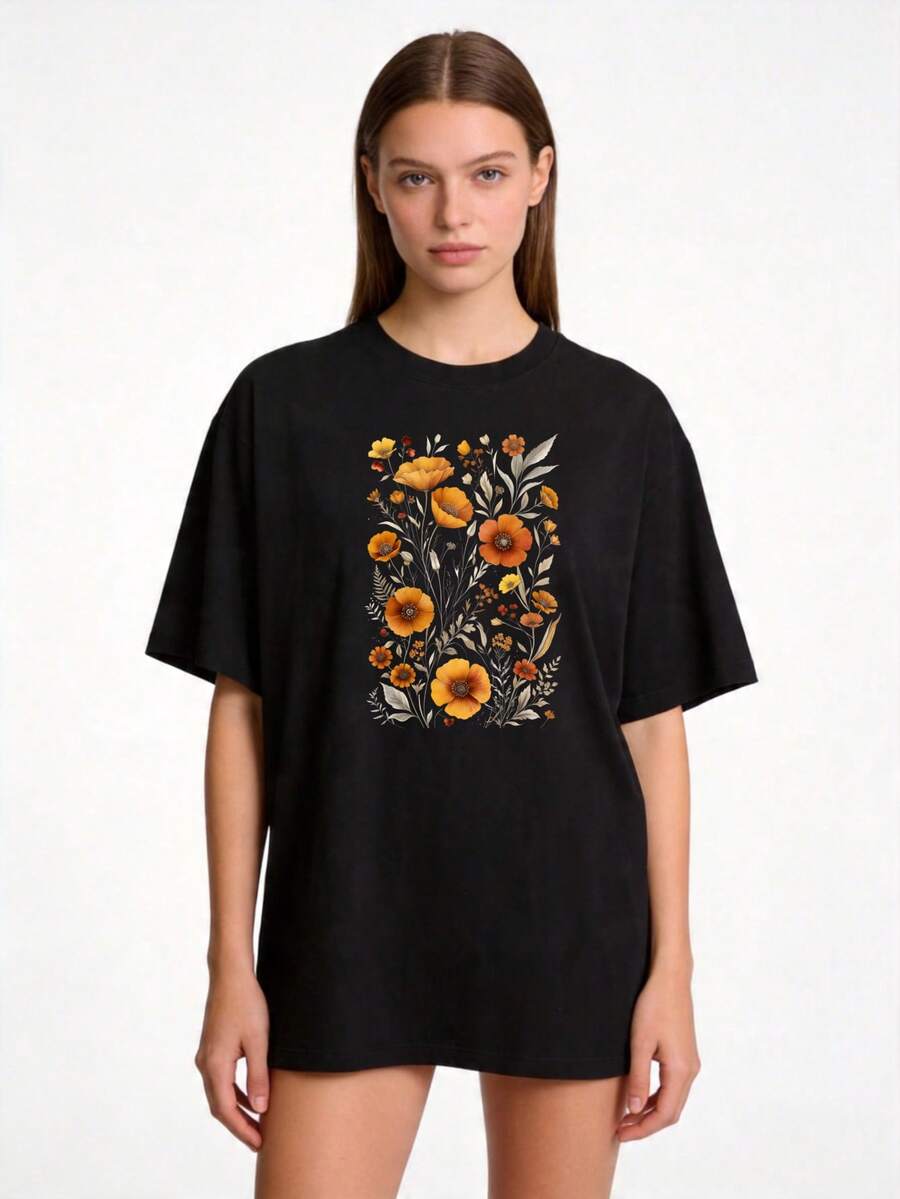 Conjunto de una pieza con estampado floral premium, de corte holgado, unisex, 100% algodón, camiseta de cuello redondo, estilo básico, floral de otoño, ropa familiar y para parejas, regalo para otoño y primavera, regalo para ella, regalo para él, ecológico. - Negro - Ver 1
