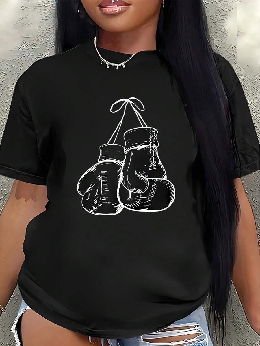 Camiseta de manga corta de poliéster, estampada con un diseño de guante de boxeo, ligera y duradera, adecuada para uso casual en casa, en el gimnasio o en restaurantes.blusa casual mujer - Negro - Ver 1