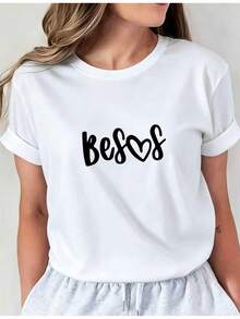 Be Love Women's Printed T-Shirt - Casual Short Sleeve Crew Neck T-Shirt, White With Black Cursive Text. Relaxed Fit For All Seasons, Perfect For Everyday Wear And Holiday Outfits (Machine Washable). - 白色 - 查看 7