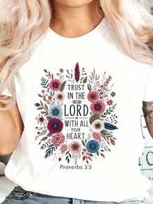 Women's T-Shirt With Floral Print And Bible Verse: Trust In The Lord With All Your Heart (Proverbs 35). Inspired By Christian Faith, Casual Wear For Everyday Life And Church. - 白色 - 查看 7