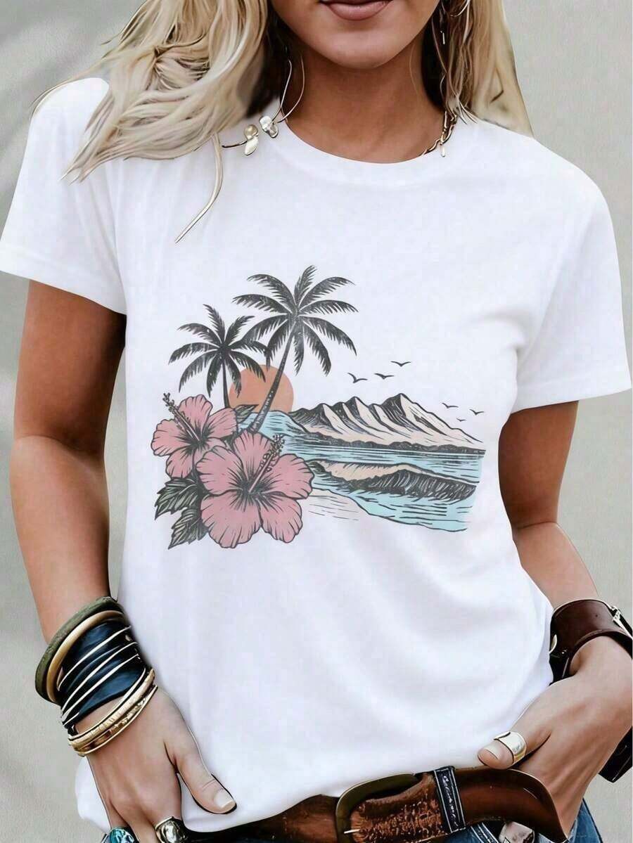 Short-Sleeve Women's Blend T-Shirt With Tropical Sunset And Hibiscus Flower Print - Suitable For Vacation Wear, Casual Summer Beach Style, Graphic Blend T-Shirt, Loose And Comfortable, Summer Clothing. 100% Cotton - 白色的 - 查看 1