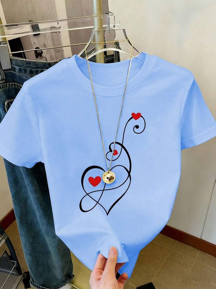 Women's One-Piece Cotton Top, Fashionable Round Neck, Printed With Letters And Fun Cartoons, Spring/Summer Crew Neck T-Shirt, Stylish And Comfortable Top, Valentine's Day Gift. HKQX - 藍色 - 查看 1