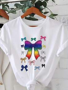 100% Cotton, Women's Rainbow Bow Print T-Shirt, Casual Summer Top,  Graphic Tee For Women, For Everyday Wear And Parties. - 白色 - 查看 6
